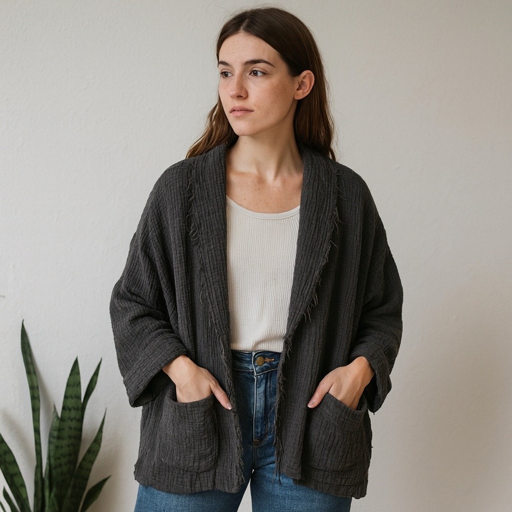 April Meets‎ October Cardigan Womens One Size Gray Cotton Gauze Open Fit Jacket